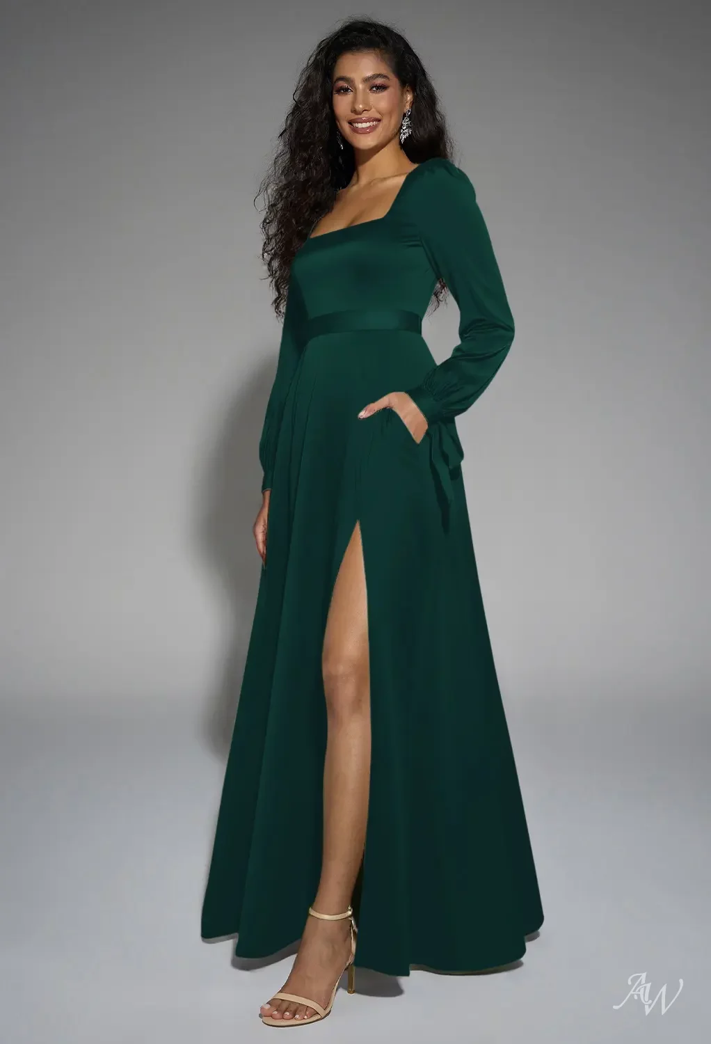 AW Rose Dress, Dark Navy Satin Charmeuse Floor Length Square